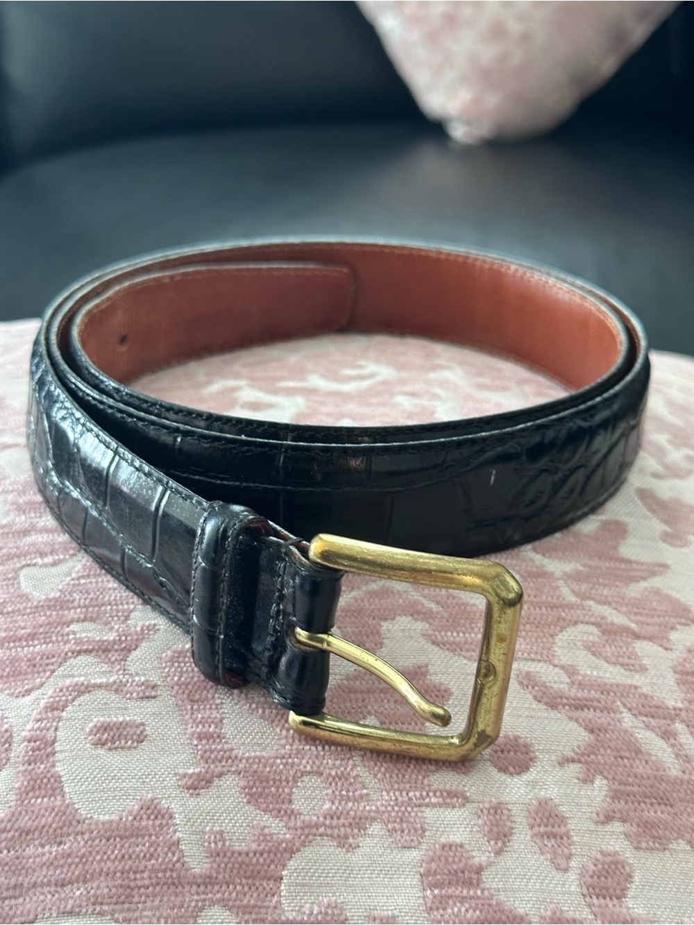 Classic Men's Black Alligator /Leather Belt with Gold Buckle